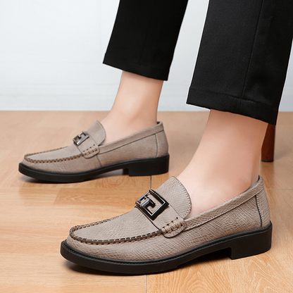 Close-up of men's classic slip-on loafers, highlighting quality craftsmanship and comfortable design.