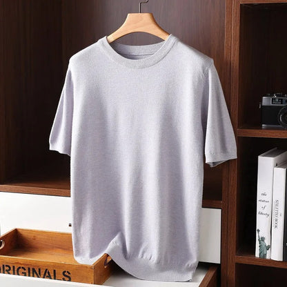 Stylish men's solid color short sleeve top, an O-neck comfort shirt designed for versatile casual fashion.