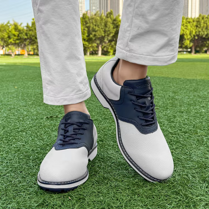 All-weather men's spiked golf shoes, durable leather, ideal for wet or dry fairways.