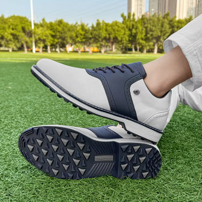 Athletic men's spiked golf footwear, classic leather finish, providing maximum comfort and grip.