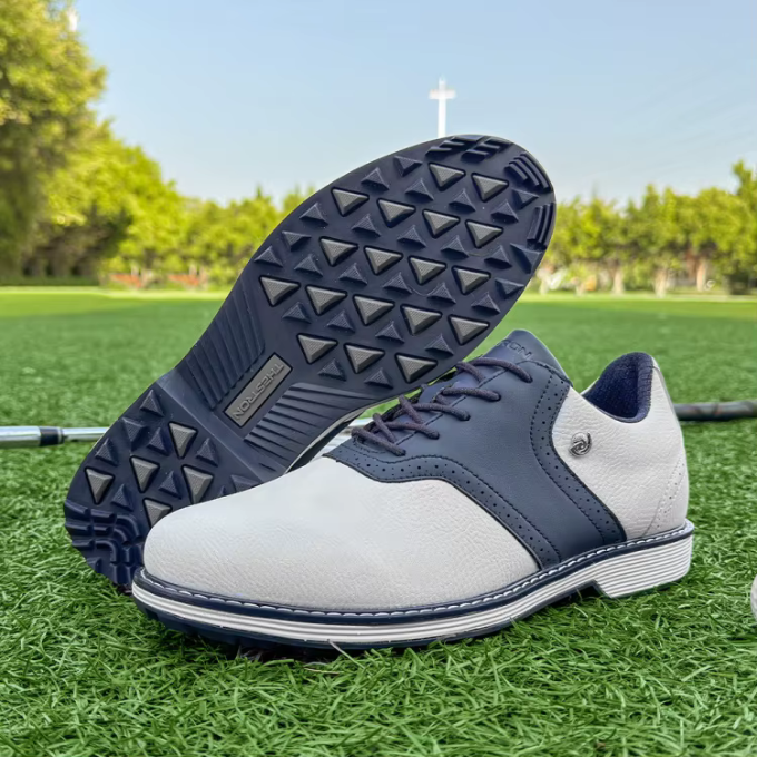 Comfortable men's athletic golf shoes, spiked for improved performance, waterproof design.
