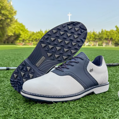 Comfortable men's athletic golf shoes, spiked for improved performance, waterproof design.