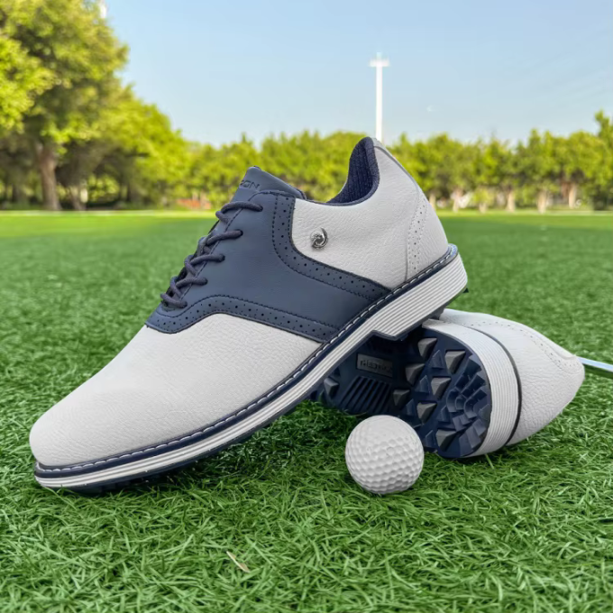 Classic men's golf shoes, leather construction, all-weather grip with durable spikes.