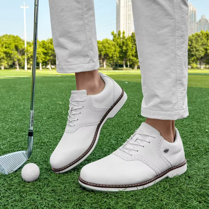 Spiked men's golf shoes, waterproof and athletic, designed for fairway play and comfort.