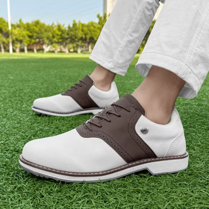 Waterproof leather men's golf shoes, classic design, offering comfort and stability on the course.