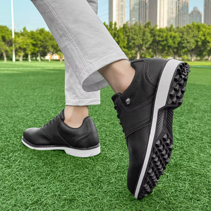 Athletic men's Fairway Classic golf shoes, spiked, waterproof leather for year-round comfort.