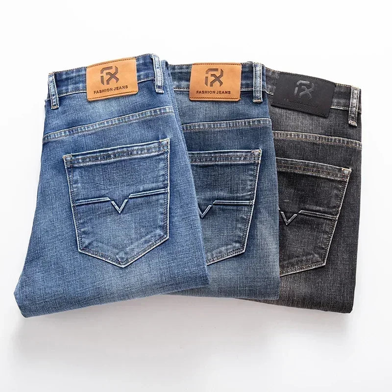 Blue gray men's classic straight fit jeans. Premium stretch denim for ultimate comfort & style.