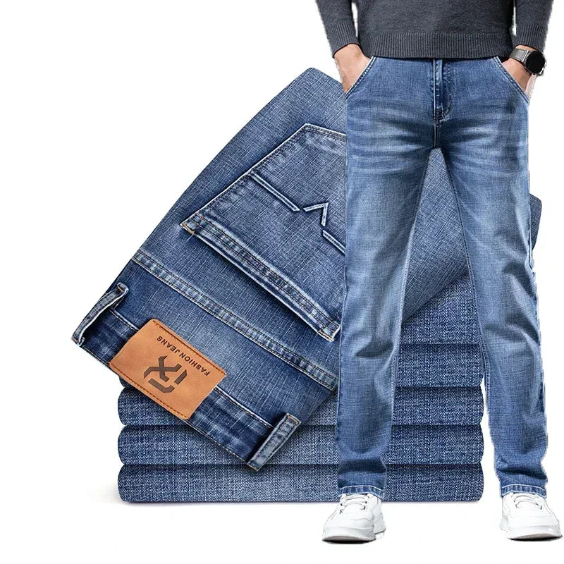 Men's straight fit stretch denim jeans in a classic blue wash. Relaxed and casual fit men's pants.