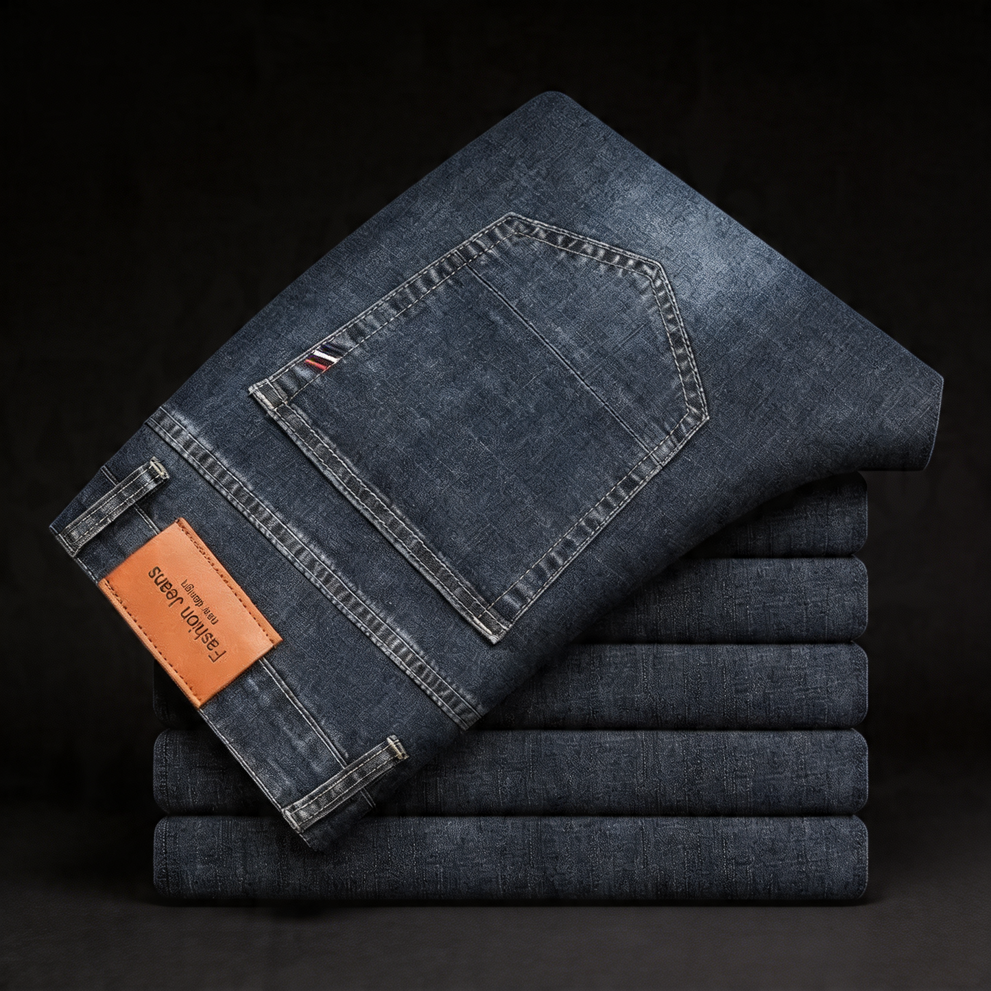 Men's classic straight leg blue denim jeans, durable & comfortable everyday wear.