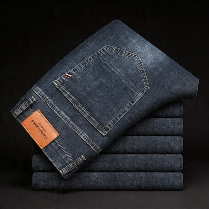 Men's classic straight leg blue denim jeans, durable & comfortable everyday wear.