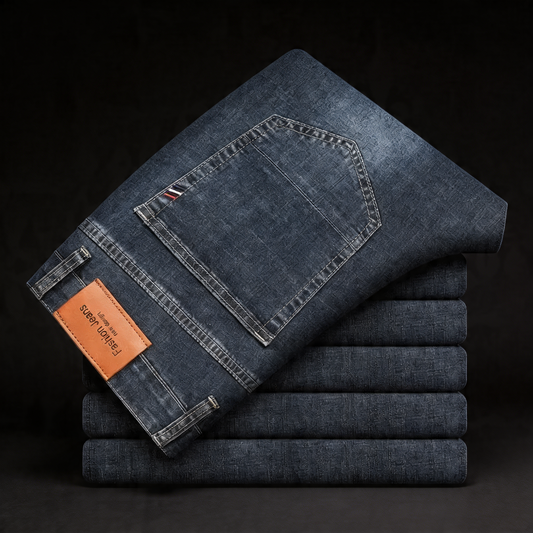 Men's classic straight leg blue denim jeans, durable & comfortable everyday wear.
