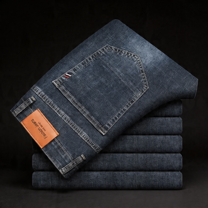 Men's classic straight leg blue denim jeans, durable & comfortable everyday wear.