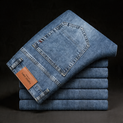 Comfortable men's blue denim straight leg pants, ideal for casual & durable wear.