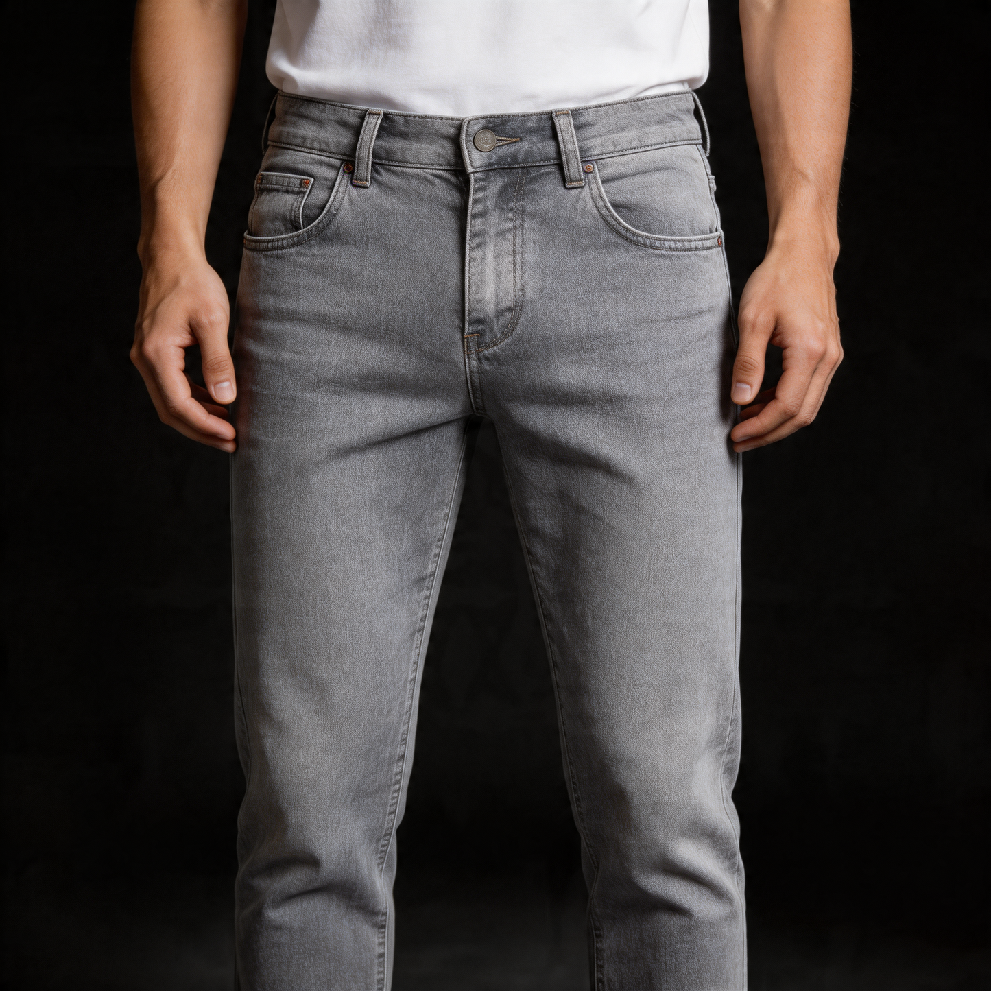 Classic men's straight leg jeans in black denim, essential everyday menswear.