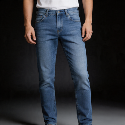 Durable blue straight leg denim pants for men, a classic casual trouser.