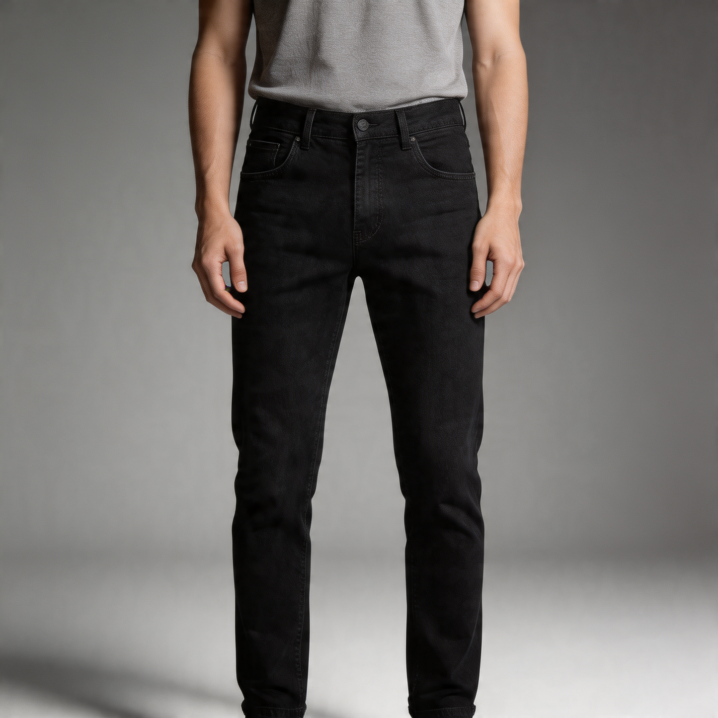 Everyday men's straight leg denim trousers, available in classic blue, gray, black.