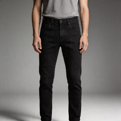 Everyday men's straight leg denim trousers, available in classic blue, gray, black.