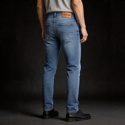 Timeless men's blue denim straight leg pants, comfortable & durable casual wear.