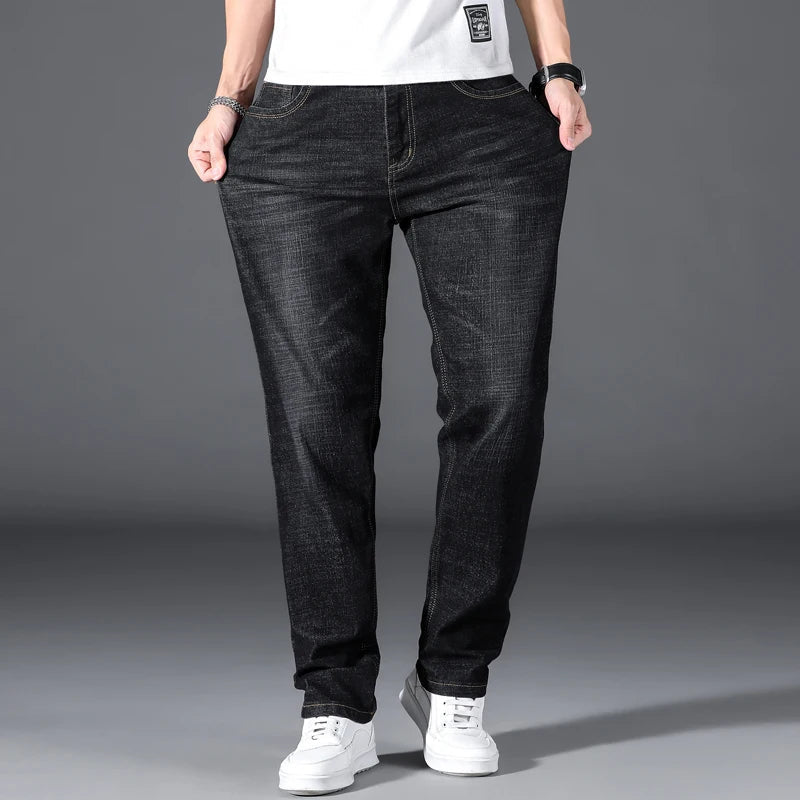 Comfortable men's straight leg jeans, classic relaxed fit, ideal for everyday casual style & fashion.