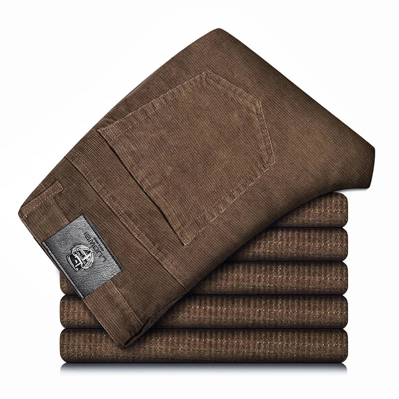 Stretch corduroy men's pants, straight leg design for flexible, all-day comfortable wear.