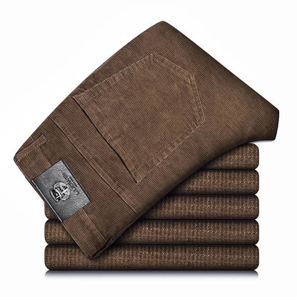 Stretch corduroy men's pants, straight leg design for flexible, all-day comfortable wear.