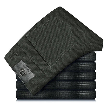Detailed view of men's classic stretch corduroy pants, highlighting fabric texture & straight leg fit.