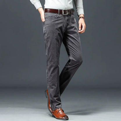 Man wearing classic stretch corduroy pants, ideal for comfortable daily wear & casual fashion.
