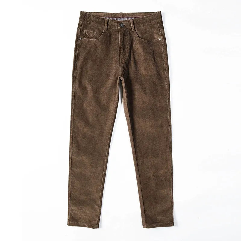 Straight leg men's stretch corduroy pants, offering classic style and comfortable midweight fit.