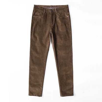 Straight leg men's stretch corduroy pants, offering classic style and comfortable midweight fit.