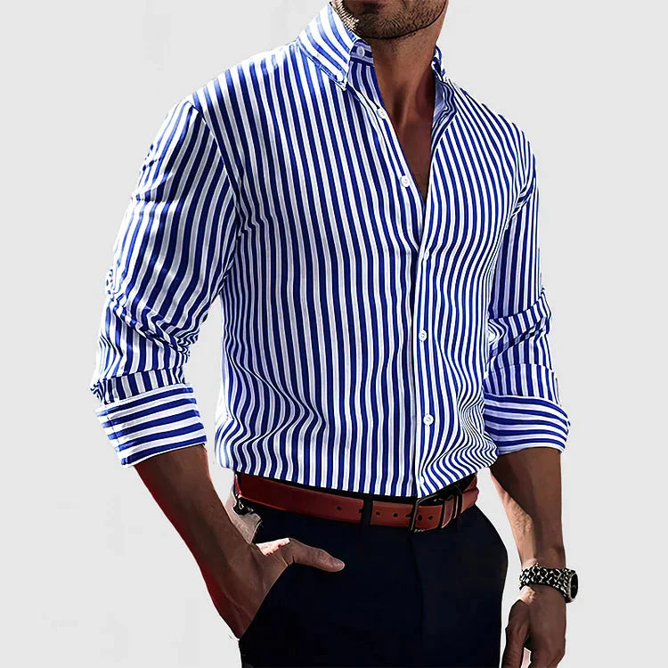 Men's classic striped button-up shirt, long-sleeve, slim fit, perfect for versatile casual or formal menswear styling.