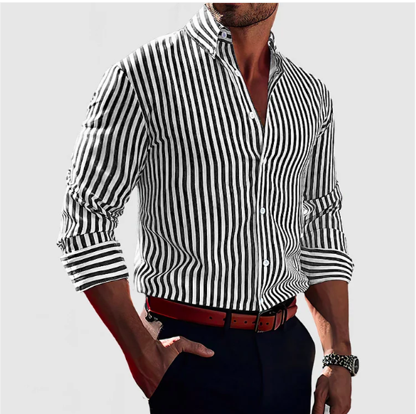Versatile men's long-sleeve striped button-up shirt in a slim fit, ideal for casual and formal wardrobe.