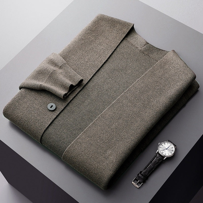 Detailed stripes on a men's classic cardigan sweater, showcasing the stylish pattern & texture.