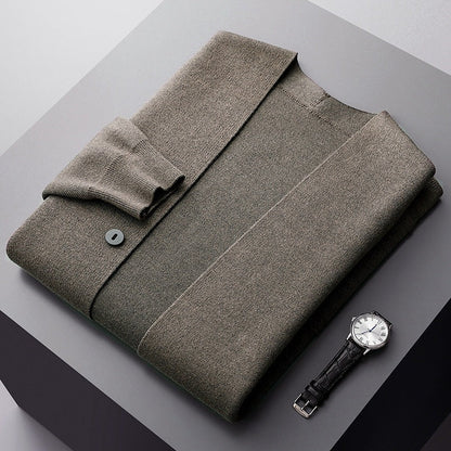 Detailed stripes on a men's classic cardigan sweater, showcasing the stylish pattern & texture.