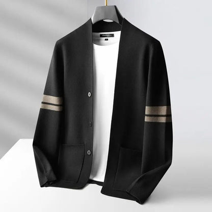 Man wearing a classic striped cardigan sweater, a versatile and comfortable fashion choice for men.