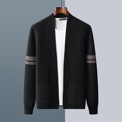 Comfortable men's classic striped cardigan sweater worn by model, perfect for relaxed & elegant style.