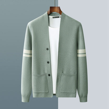 Soft, comfortable men's striped cardigan sweater with a classic button-up front and quality texture.