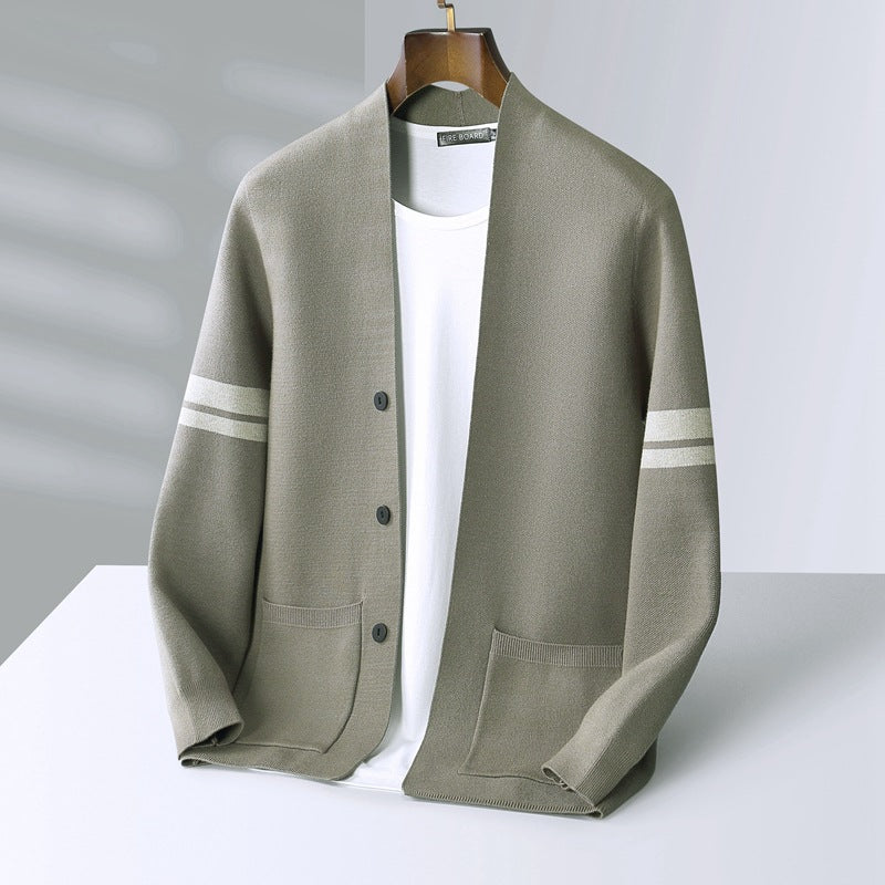 Men's comfortable striped cardigan sweater, a classic outerwear piece for versatile style & layering.