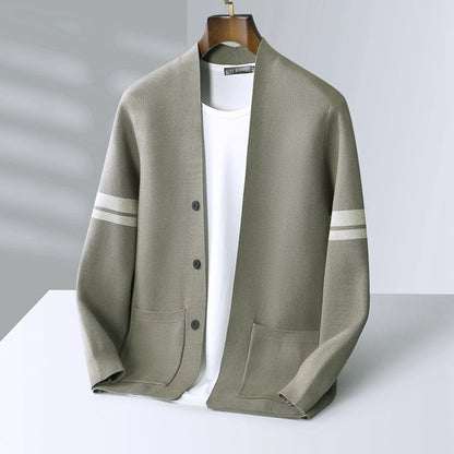 Men's comfortable striped cardigan sweater, a classic outerwear piece for versatile style & layering.