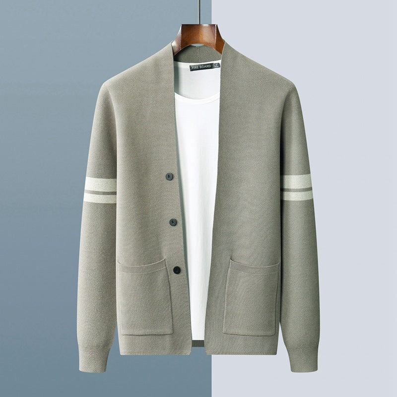 Classic men's striped cardigan sweater, offering a timeless look for casual or elegant wear.