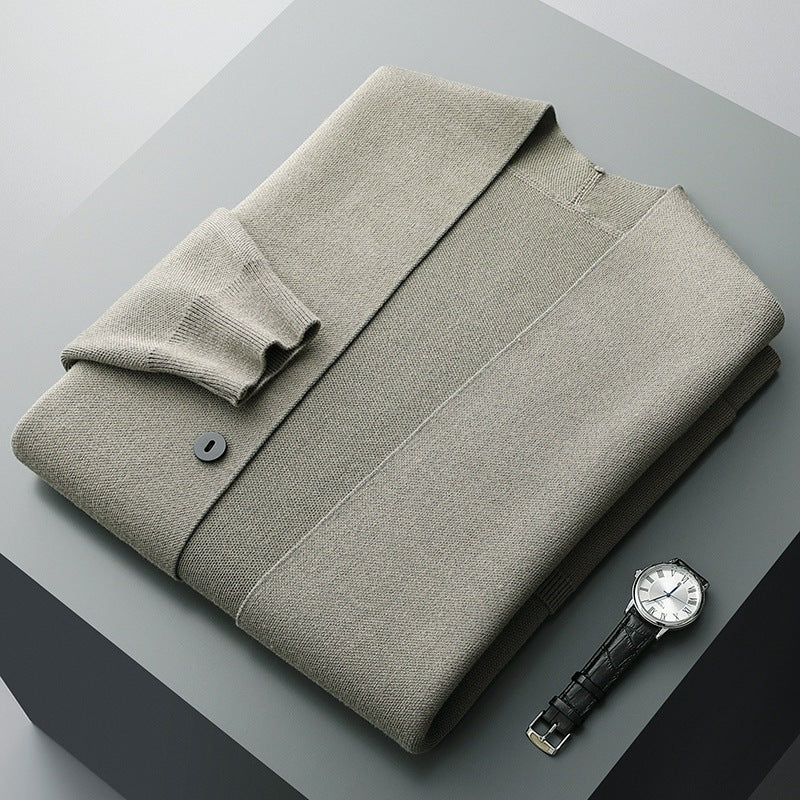Men's striped cardigan sweater, styled casually for comfortable everyday fashion & versatile layering.