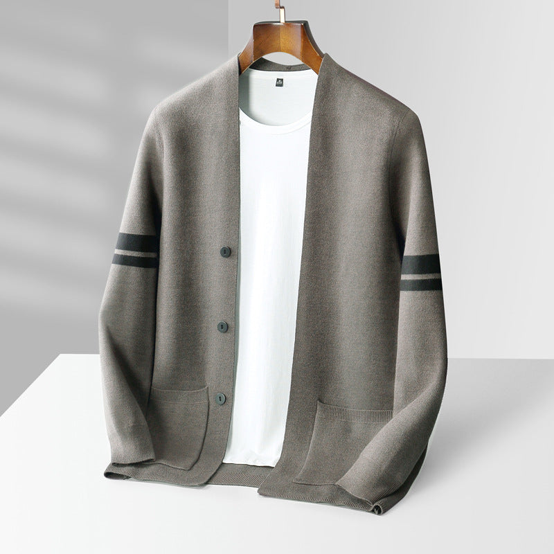 Elegant men's classic striped cardigan, perfect for sophisticated layering, comfort & outerwear.