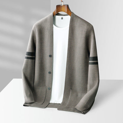 Elegant men's classic striped cardigan, perfect for sophisticated layering, comfort & outerwear.