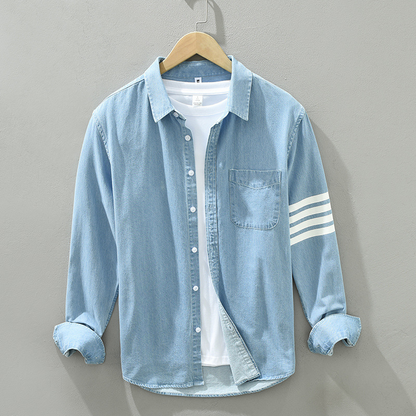 Men's classic striped long-sleeve casual shirt in light blue, perfect for everyday stylish wear.