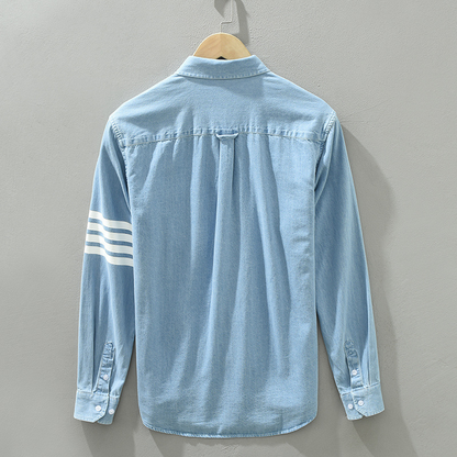 Comfortable men's casual striped shirt in blue, a stylish long-sleeve top for everyday menswear.