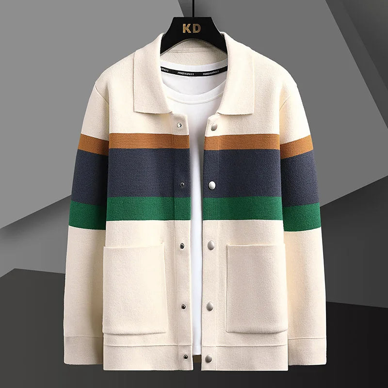 Men's classic striped varsity jacket, relaxed fit, perfect for casual outerwear & retro streetwear style.