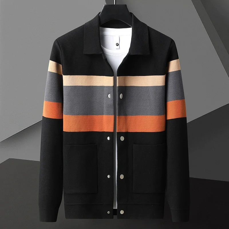 Retro men's striped varsity jacket, a versatile piece of casual outerwear for spring and fall fashion.