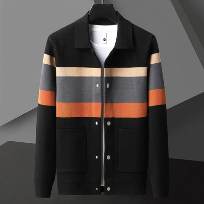 Retro men's striped varsity jacket, a versatile piece of casual outerwear for spring and fall fashion.