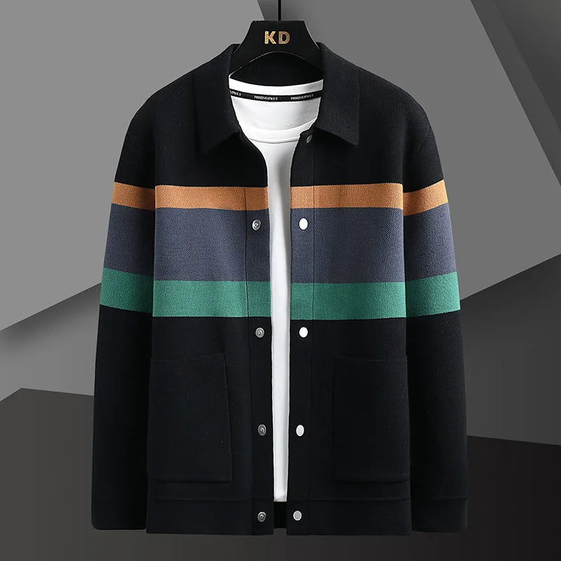 Relaxed fit men's striped bomber jacket, a staple for streetwear & casual style, featuring a classic button-up.