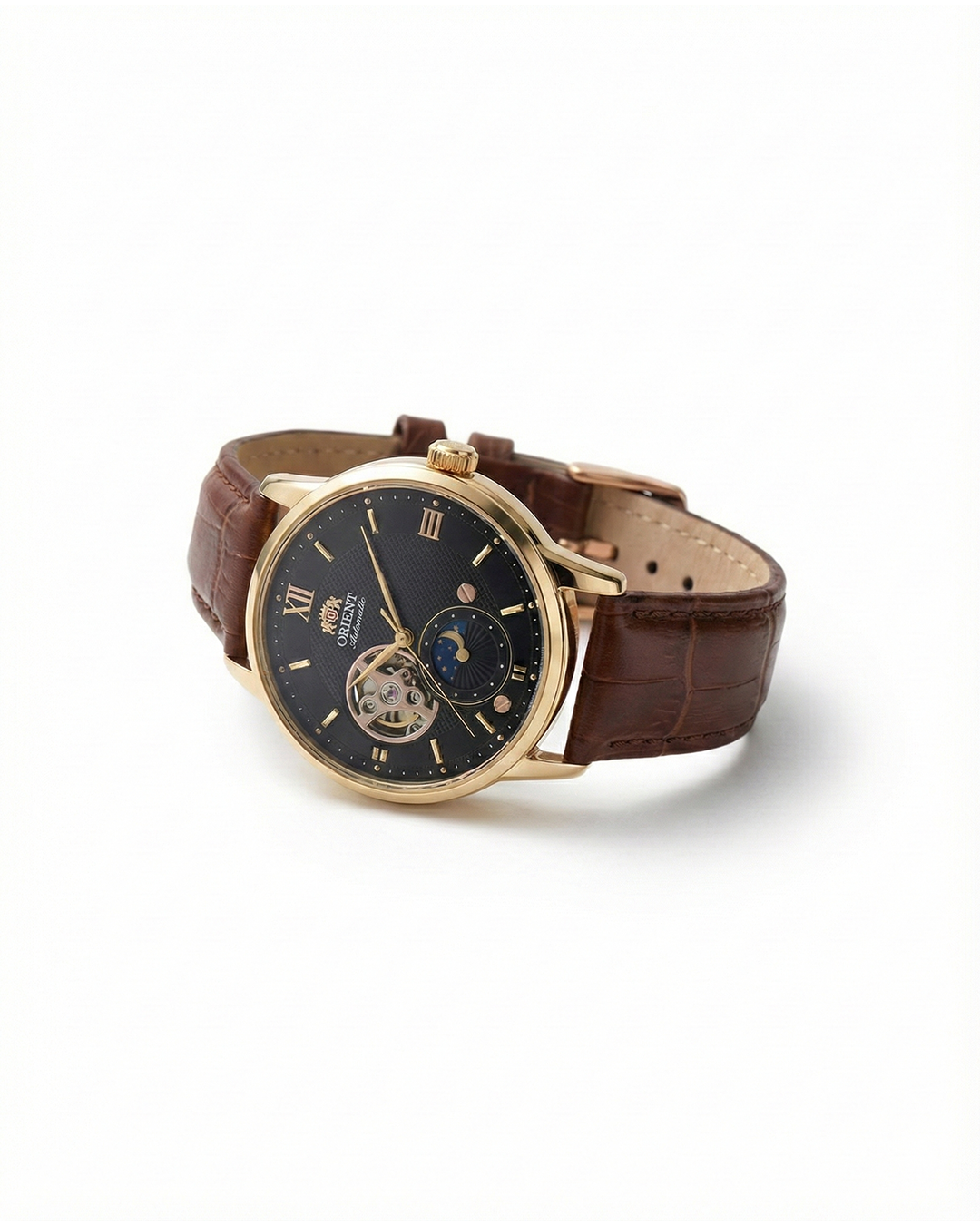 Men's Classic Sun & Moon automatic watch with black leather strap, elegant vintage mechanical timepiece.