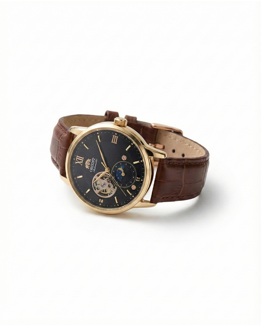 Men's Classic Sun & Moon automatic watch with black leather strap, elegant vintage mechanical timepiece.